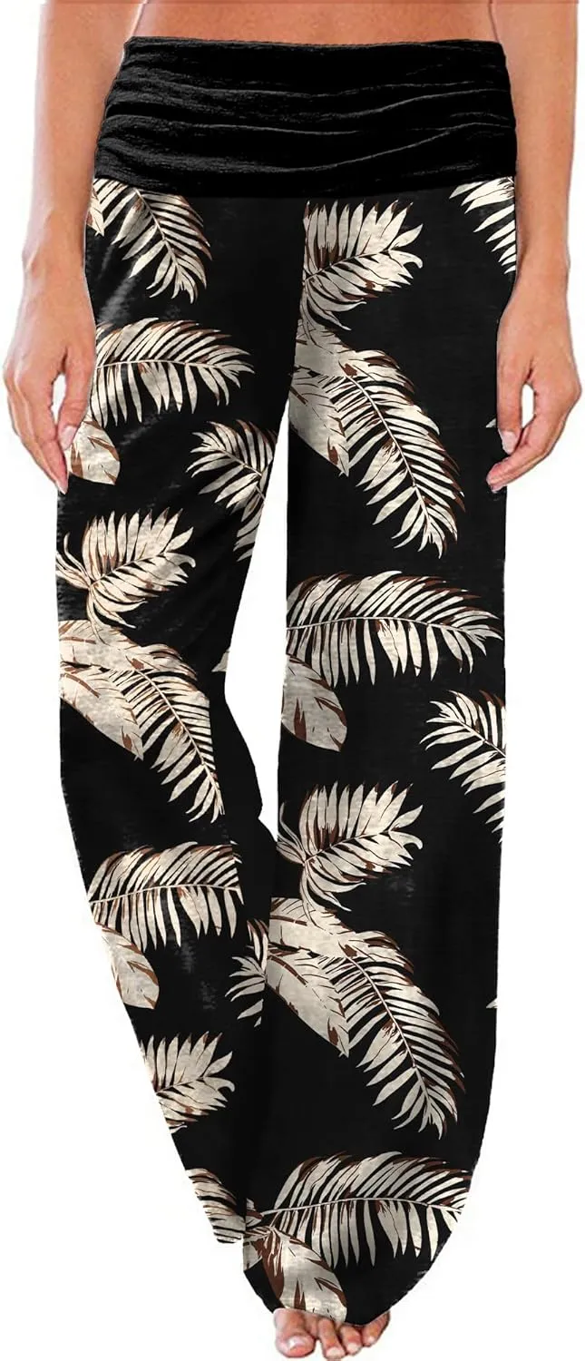 Gracyoga Women's Comfy Pajama Pants Wide Leg Lounge Palazzo Yoga Pants Stretch Casual Floral Print Fold Waist Pants