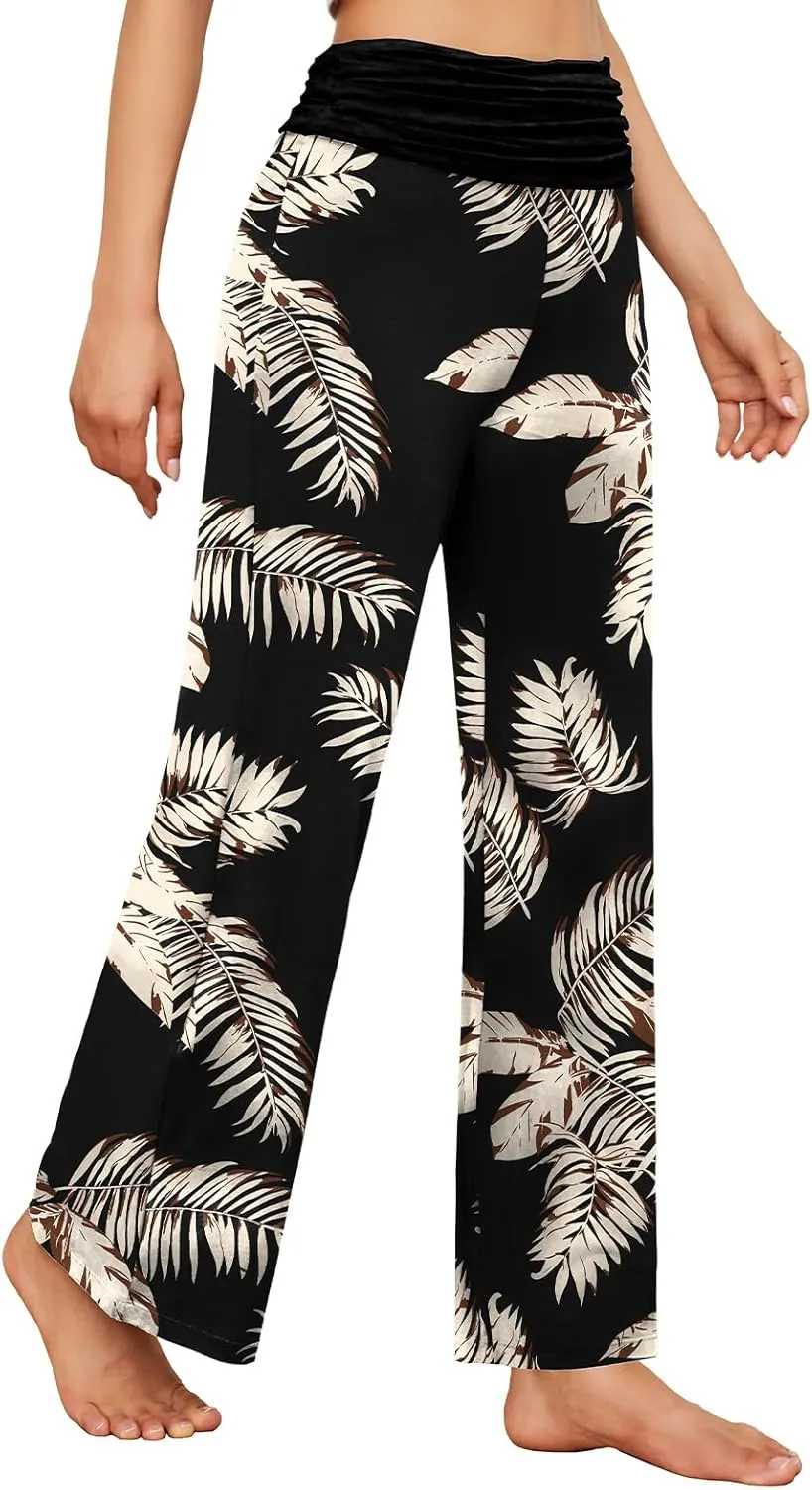 Gracyoga Women's Comfy Pajama Pants Wide Leg Lounge Palazzo Yoga Pants Stretch Casual Floral Print Fold Waist Pants