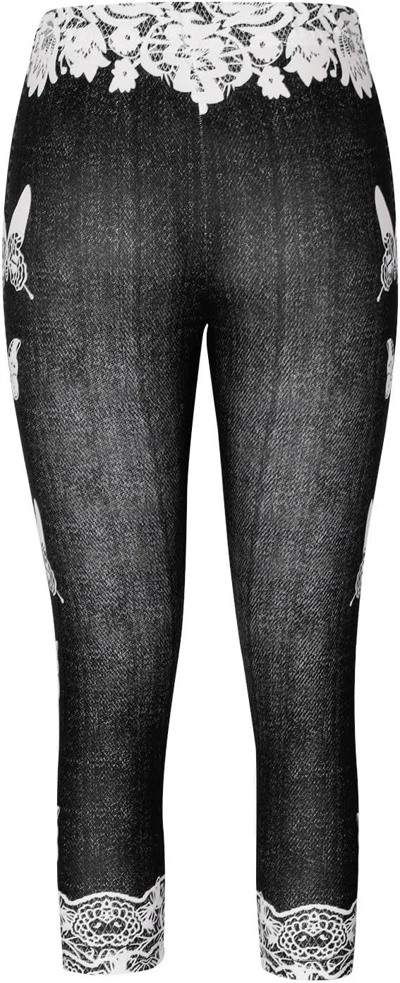 HGps8w Women Plus Size Jeans Jeggings Butterfly Lace Panel Bermuda Yoga Leggings High Waisted Stretch Capris Denim Pants