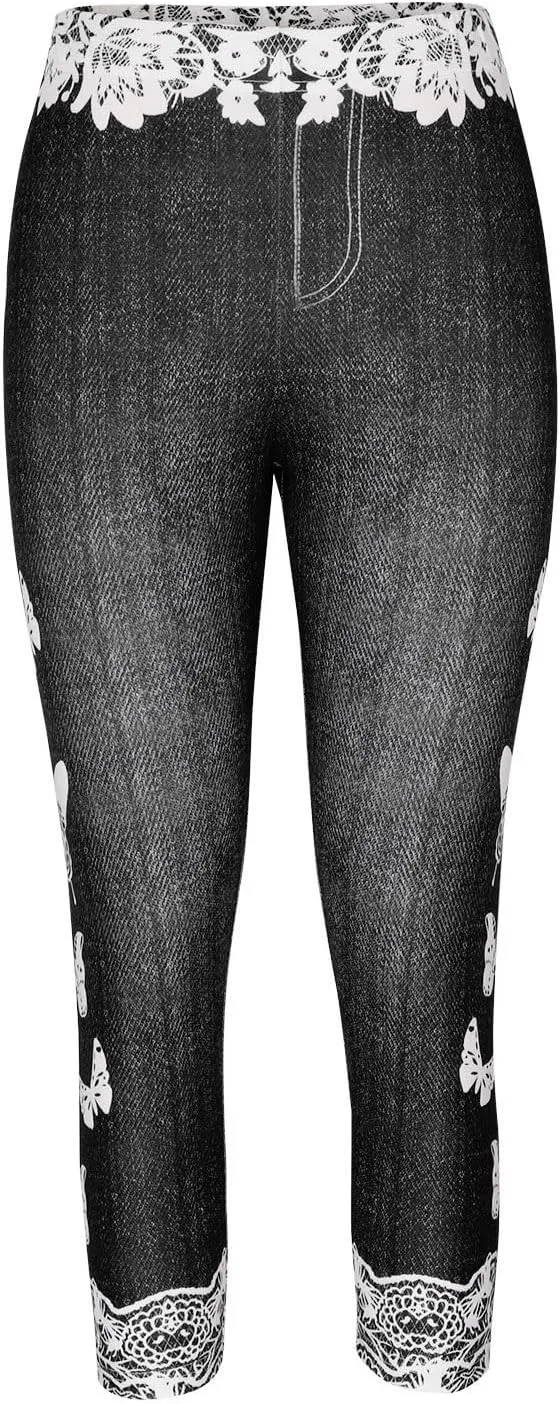HGps8w Women Plus Size Jeans Jeggings Butterfly Lace Panel Bermuda Yoga Leggings High Waisted Stretch Capris Denim Pants