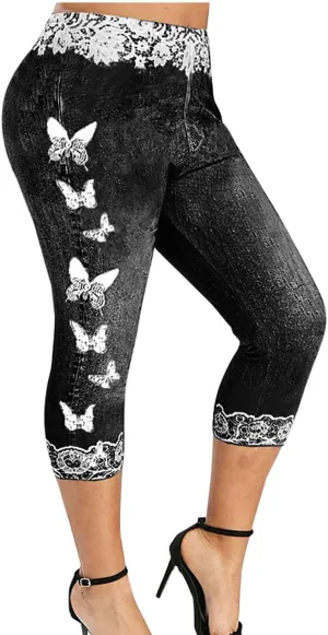 HGps8w Women Plus Size Jeans Jeggings Butterfly Lace Panel Bermuda Yoga Leggings High Waisted Stretch Capris Denim Pants