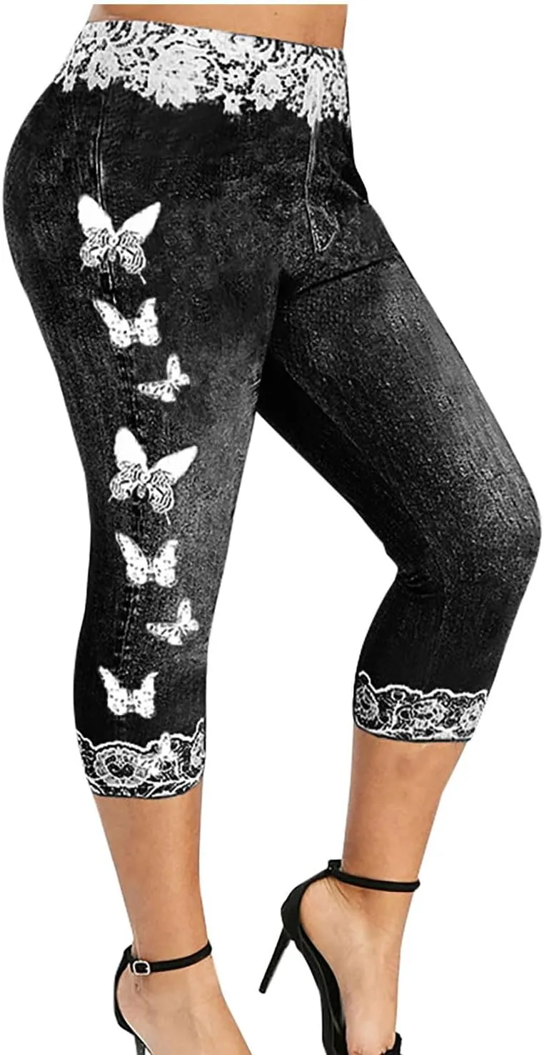 HGps8w Women Plus Size Jeans Jeggings Butterfly Lace Panel Bermuda Yoga Leggings High Waisted Stretch Capris Denim Pants