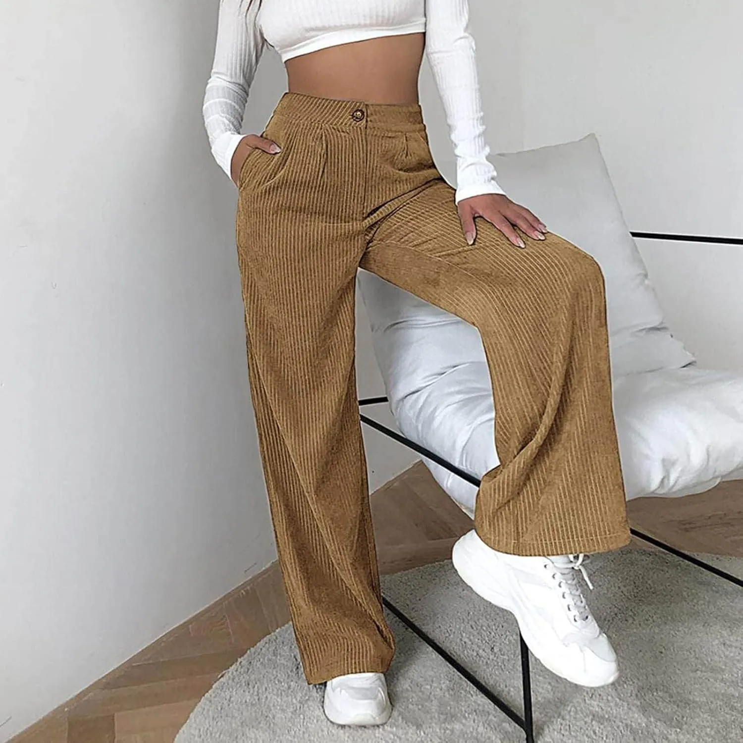 HGps8w Womens High Waist Corduroy Pants Y2K Straight Wide Leg Casual Workout Trousers with Pocket Teen Girls Baggy Streetwear