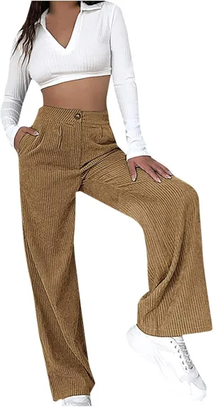 HGps8w Womens High Waist Corduroy Pants Y2K Straight Wide Leg Casual Workout Trousers with Pocket Teen Girls Baggy Streetwear