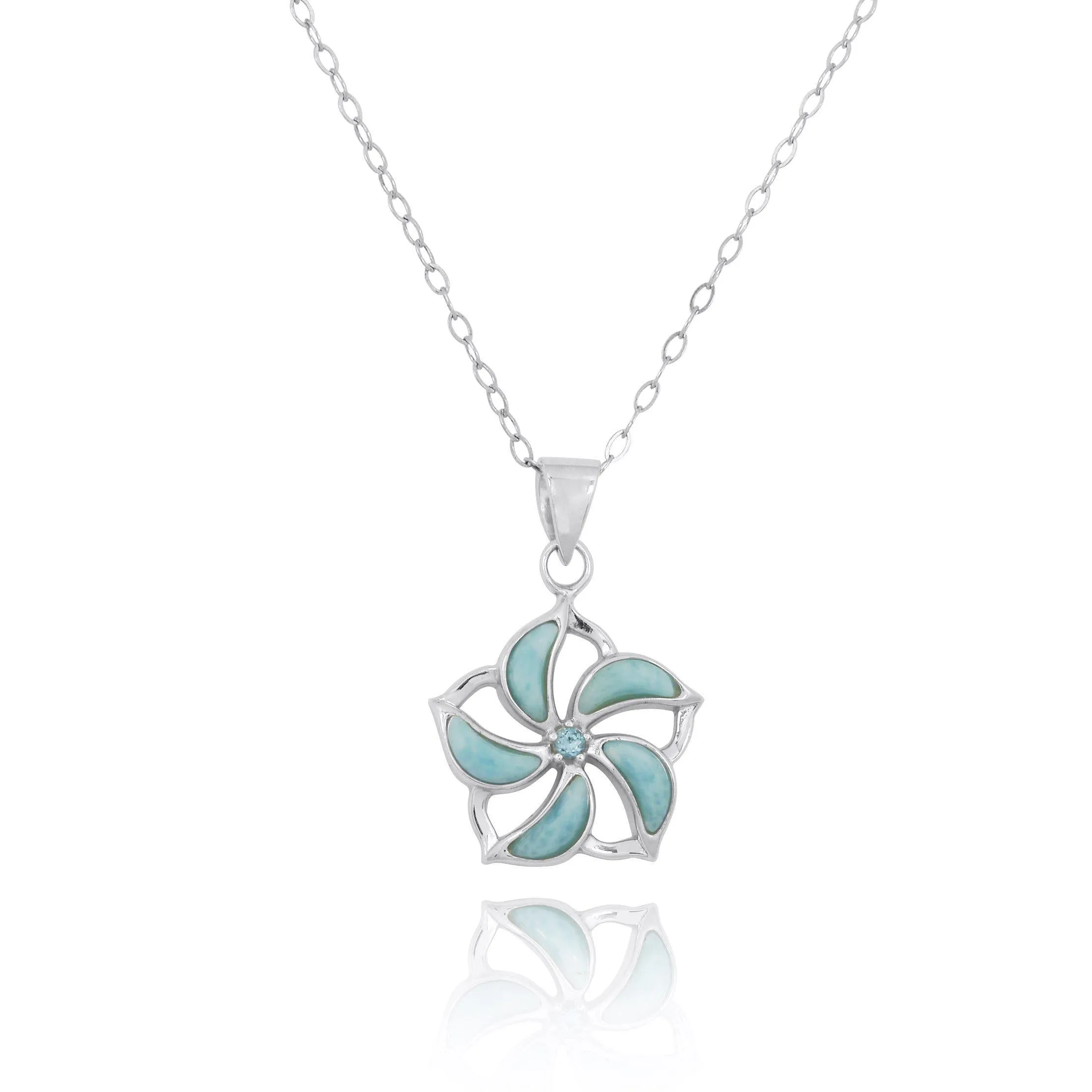 Hibiscus Shaped Sterling Silver Pendant Necklace with Larimar and Swiss Blue Topaz