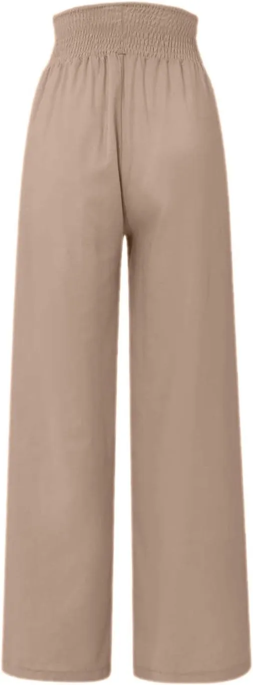 High Waist Cotton Linen Pants for Women Trendy Casual Summer Work Pants Wide Leg Button Beach Lounge Trousers
