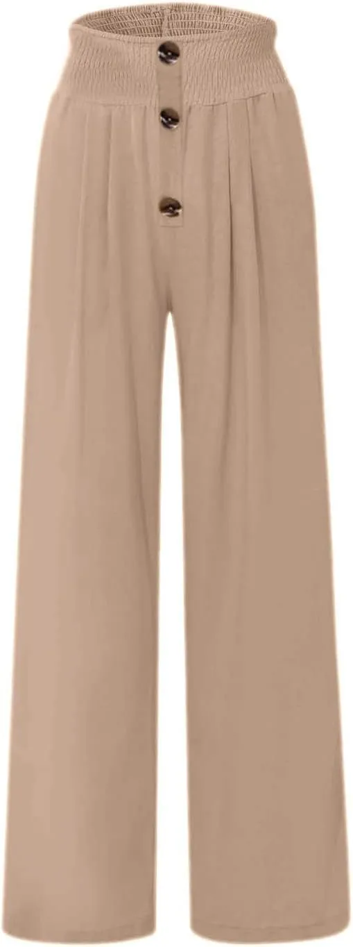 High Waist Cotton Linen Pants for Women Trendy Casual Summer Work Pants Wide Leg Button Beach Lounge Trousers