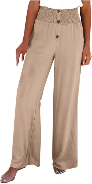 High Waist Cotton Linen Pants for Women Trendy Casual Summer Work Pants Wide Leg Button Beach Lounge Trousers