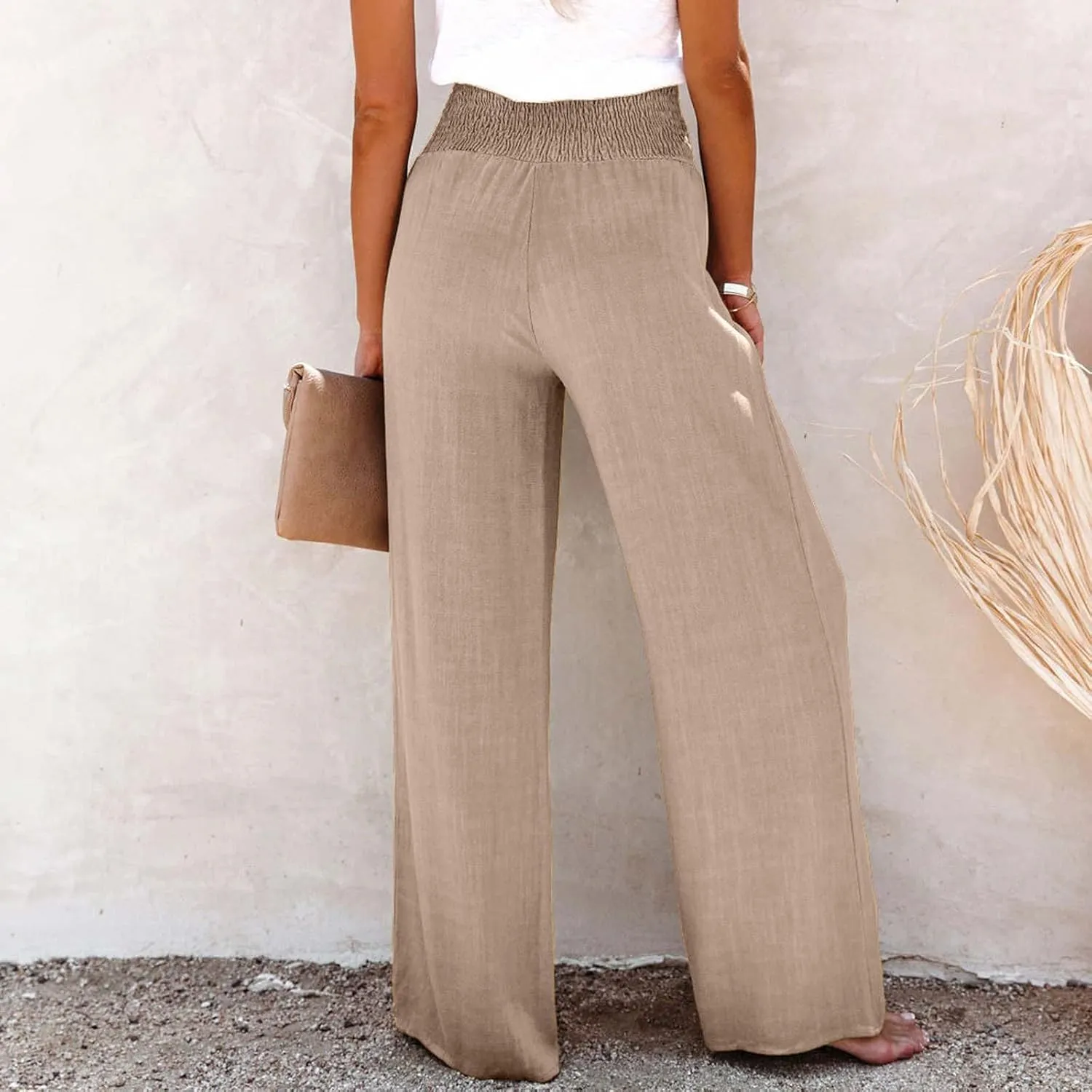 High Waist Cotton Linen Pants for Women Trendy Casual Summer Work Pants Wide Leg Button Beach Lounge Trousers