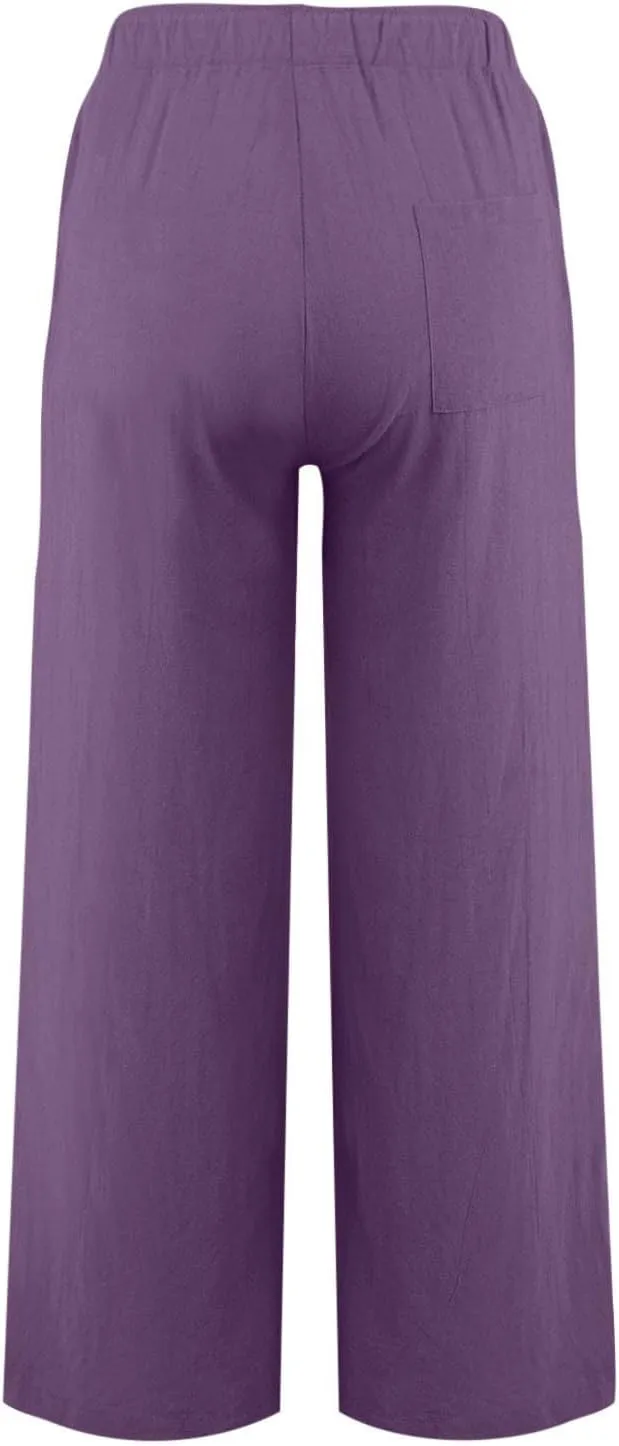 High Waisted Linen Pants Women Wide Leg Work Pants with Pockets Summer Casual Baggy Elastic Waist Trouser Pants