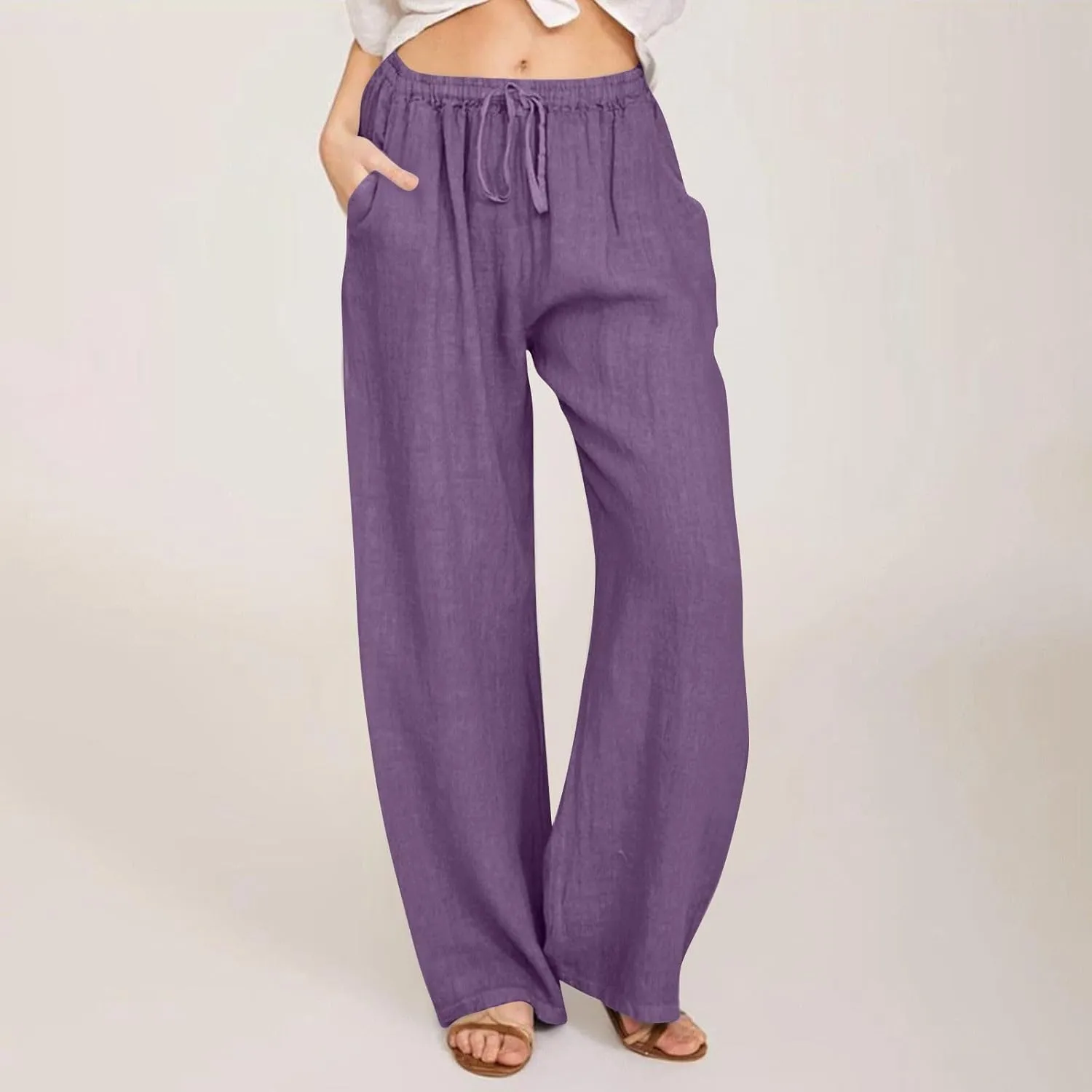 High Waisted Linen Pants Women Wide Leg Work Pants with Pockets Summer Casual Baggy Elastic Waist Trouser Pants