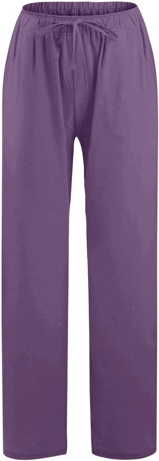 High Waisted Linen Pants Women Wide Leg Work Pants with Pockets Summer Casual Baggy Elastic Waist Trouser Pants