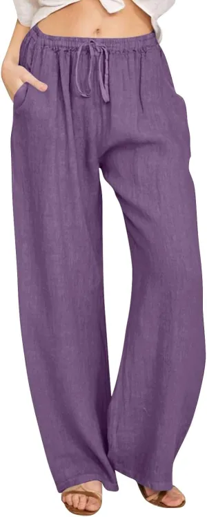 High Waisted Linen Pants Women Wide Leg Work Pants with Pockets Summer Casual Baggy Elastic Waist Trouser Pants