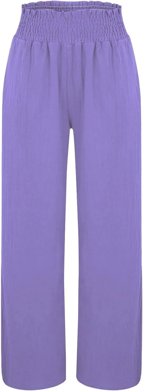 High Waisted Palazzo Pants for Women Cotton-Linen Wide Leg Loose Fit Long Lounge Pant Summer Casual Trousers