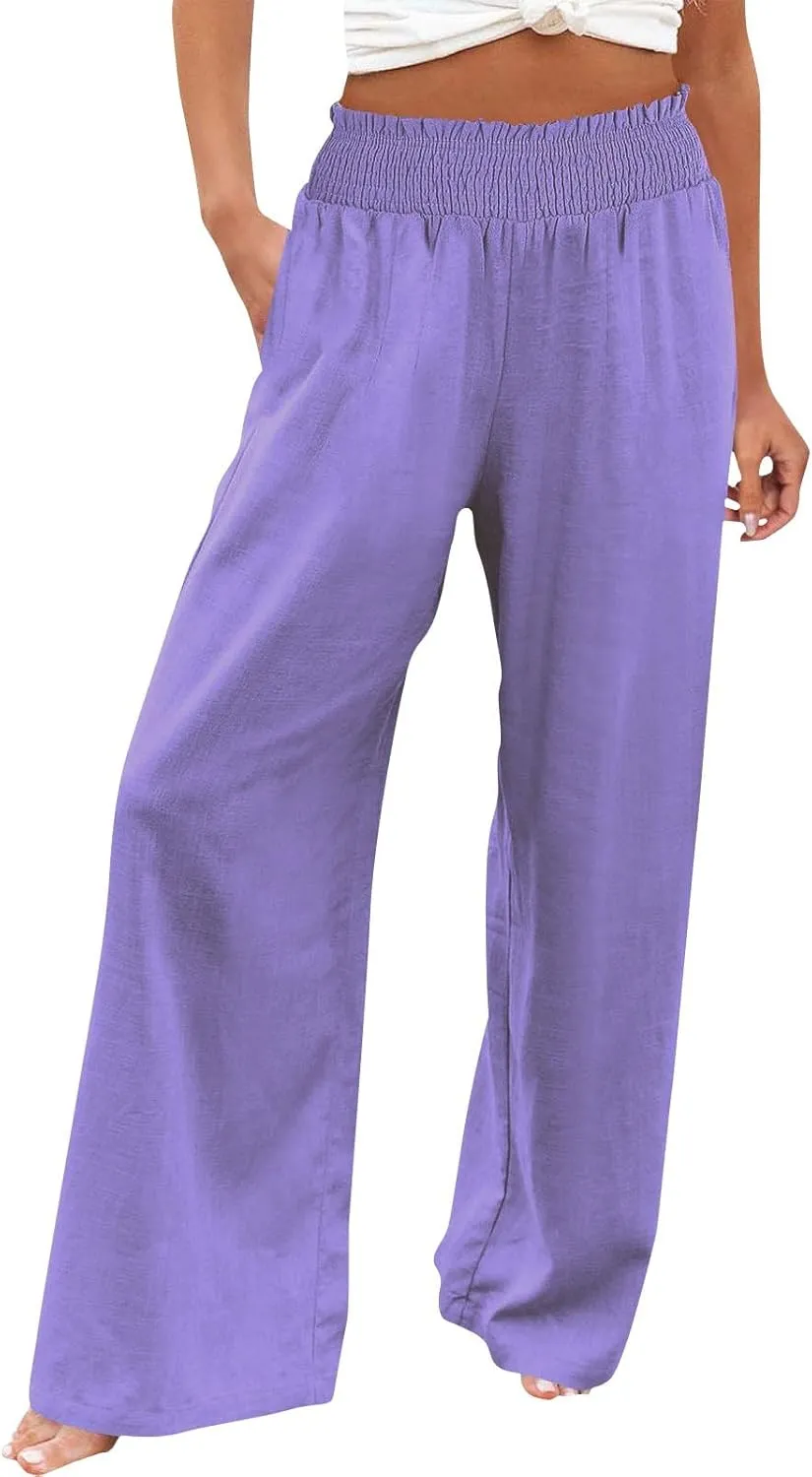 High Waisted Palazzo Pants for Women Cotton-Linen Wide Leg Loose Fit Long Lounge Pant Summer Casual Trousers