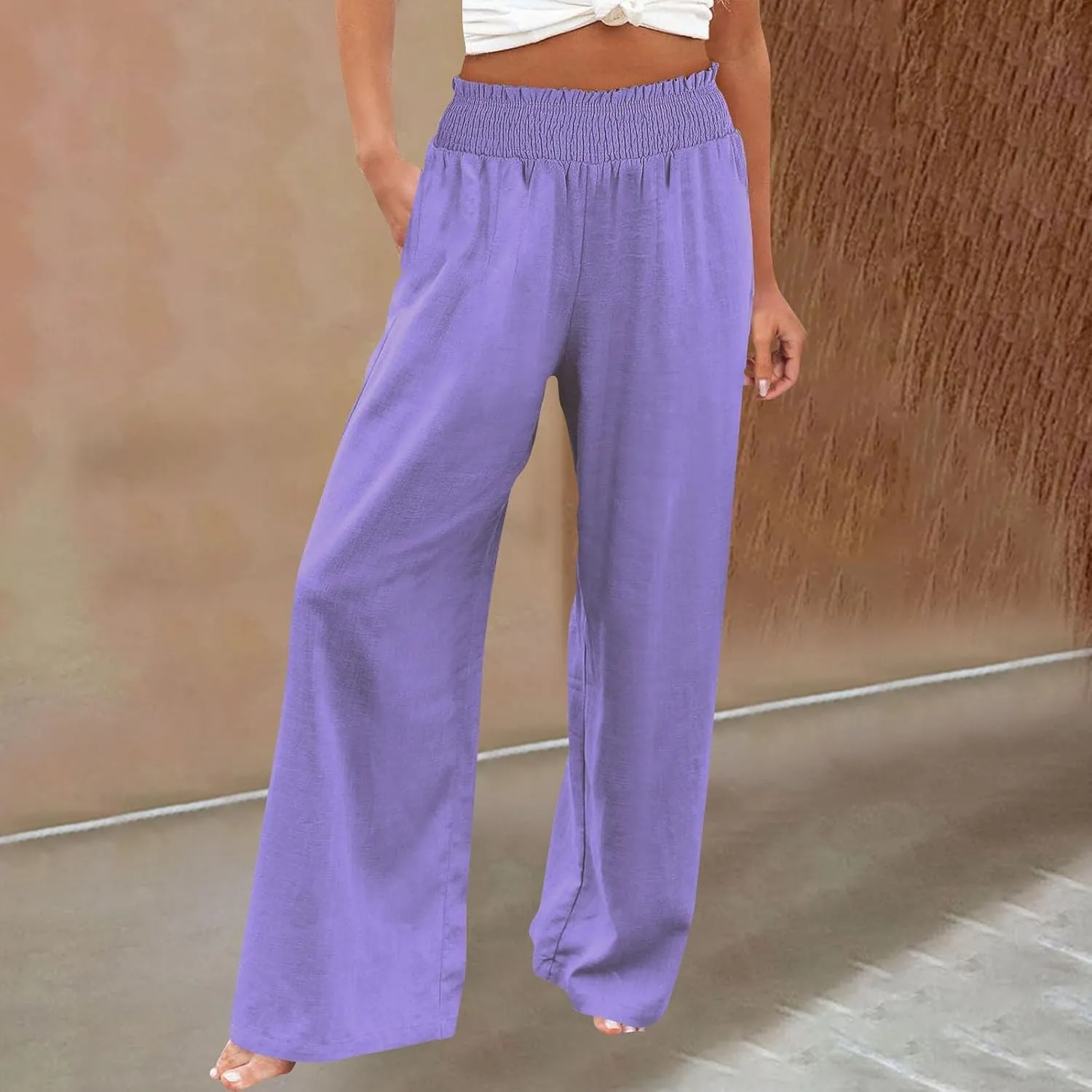 High Waisted Palazzo Pants for Women Cotton-Linen Wide Leg Loose Fit Long Lounge Pant Summer Casual Trousers