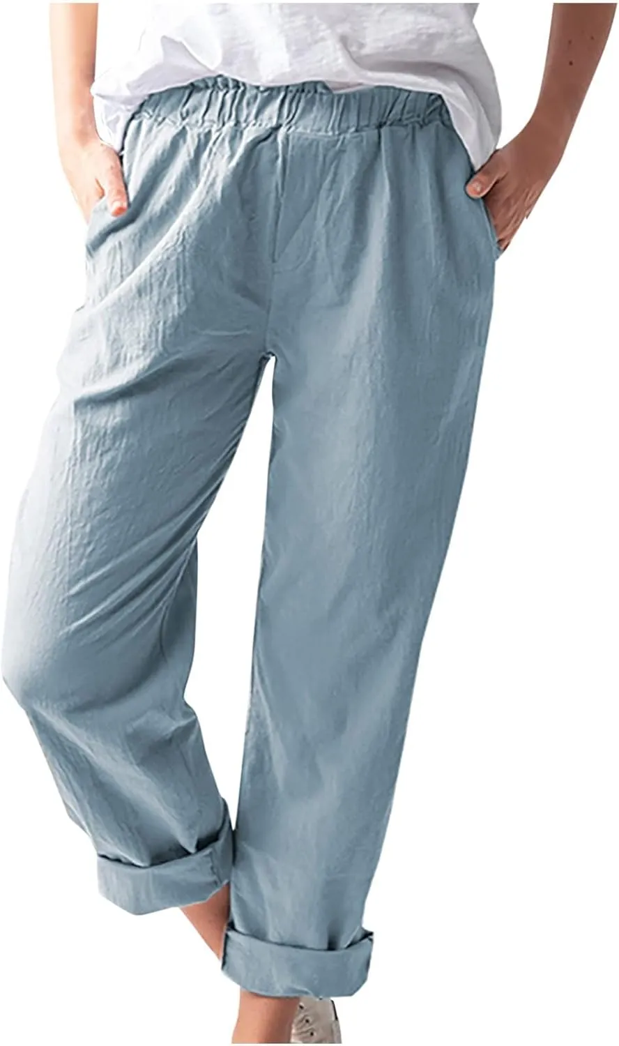 High Waisted Pants with Pockets for Women, Casual Elastic Waist Straight Wide Leg Pants Solid Comfy Trousers