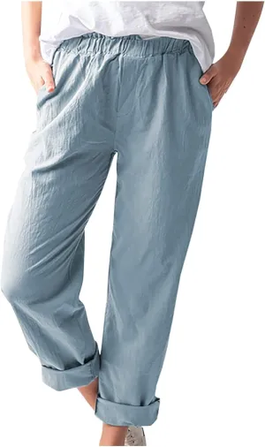 High Waisted Pants with Pockets for Women, Casual Elastic Waist Straight Wide Leg Pants Solid Comfy Trousers