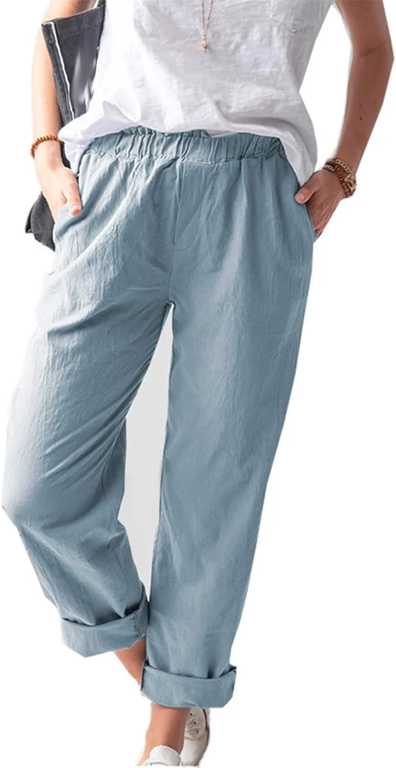 High Waisted Pants with Pockets for Women, Casual Elastic Waist Straight Wide Leg Pants Solid Comfy Trousers