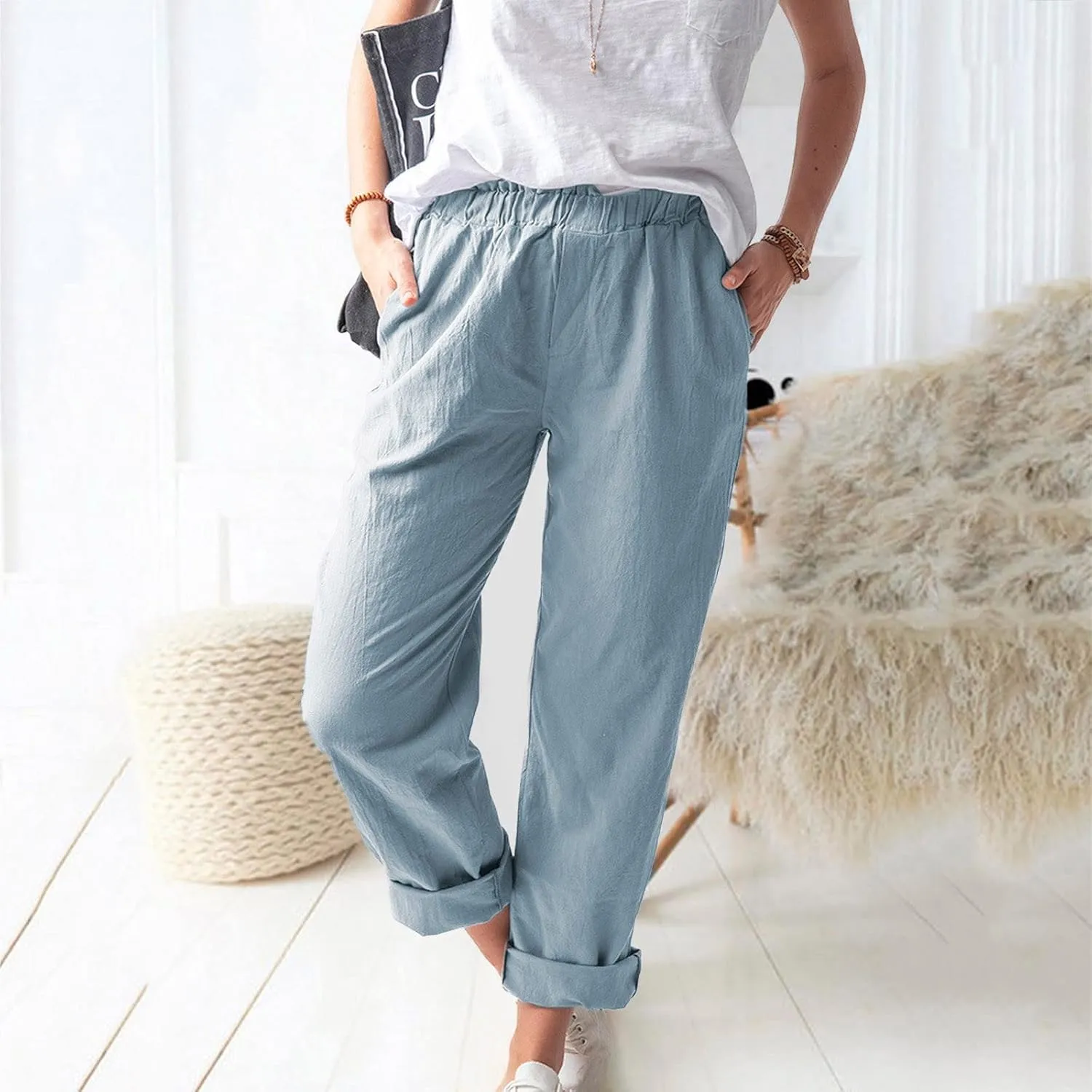 High Waisted Pants with Pockets for Women, Casual Elastic Waist Straight Wide Leg Pants Solid Comfy Trousers