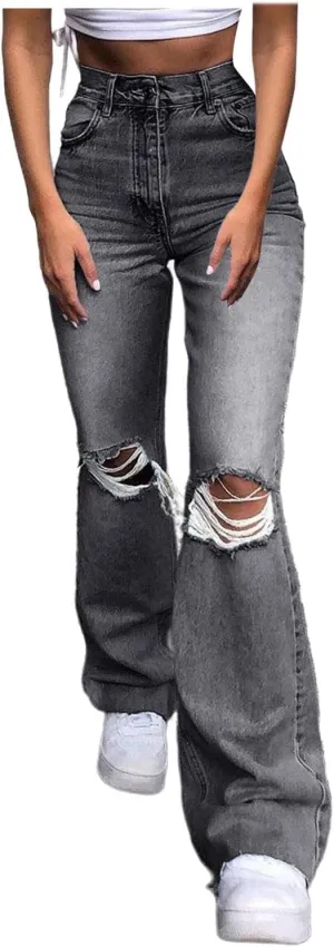 High Waisted Ripped Flare Jeans for Women Distressed Bell Bottom Pants Casual Vintage Y2K Skinny Destroyed Denim Pant