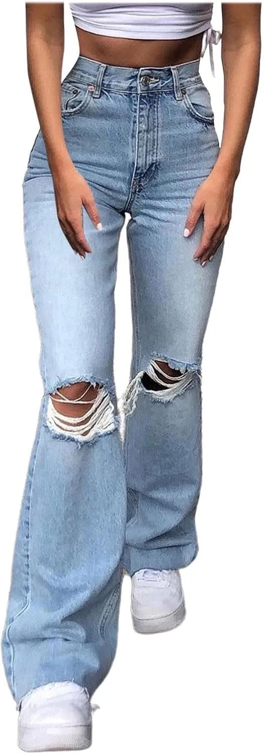 High Waisted Ripped Flare Jeans for Women Distressed Bell Bottom Pants Casual Vintage Y2K Skinny Destroyed Denim Pant