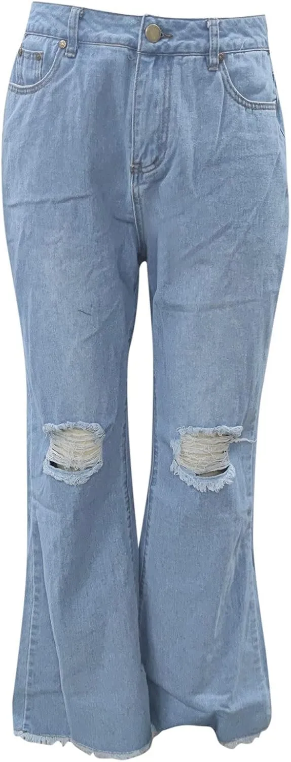 High Waisted Ripped Flare Jeans for Women Distressed Bell Bottom Pants Casual Vintage Y2K Skinny Destroyed Denim Pant