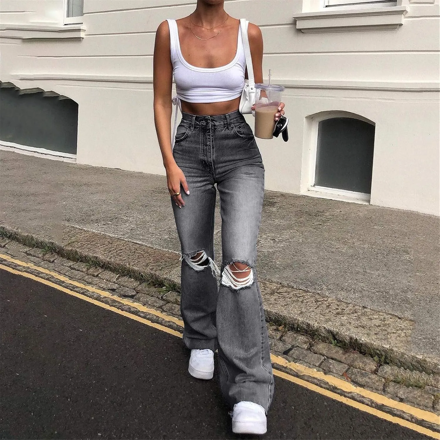 High Waisted Ripped Flare Jeans for Women Distressed Bell Bottom Pants Casual Vintage Y2K Skinny Destroyed Denim Pant