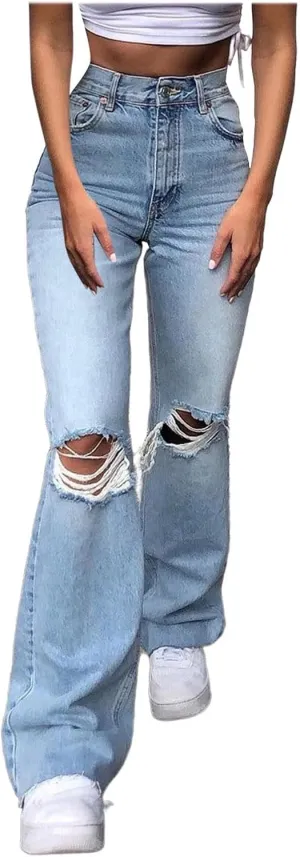 High Waisted Ripped Flare Jeans for Women Distressed Bell Bottom Pants Casual Vintage Y2K Skinny Destroyed Denim Pant