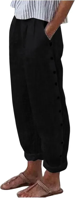 High Waisted Work Pants for Women Winter Comfy Hiking Capris with Pockets Solid Color Elastic Waist
