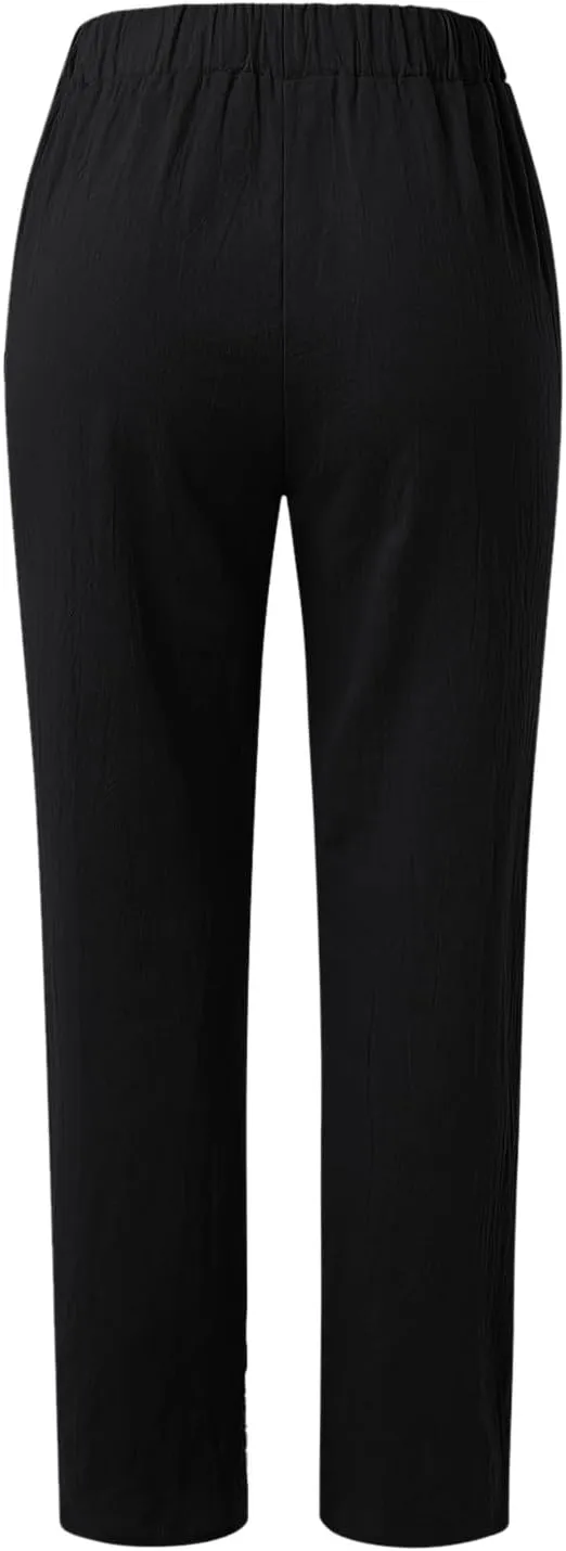 High Waisted Work Pants for Women Winter Comfy Hiking Capris with Pockets Solid Color Elastic Waist
