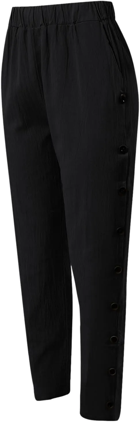 High Waisted Work Pants for Women Winter Comfy Hiking Capris with Pockets Solid Color Elastic Waist