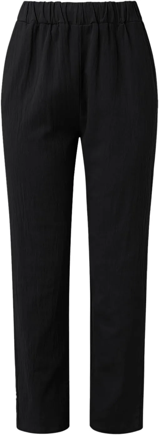 High Waisted Work Pants for Women Winter Comfy Hiking Capris with Pockets Solid Color Elastic Waist