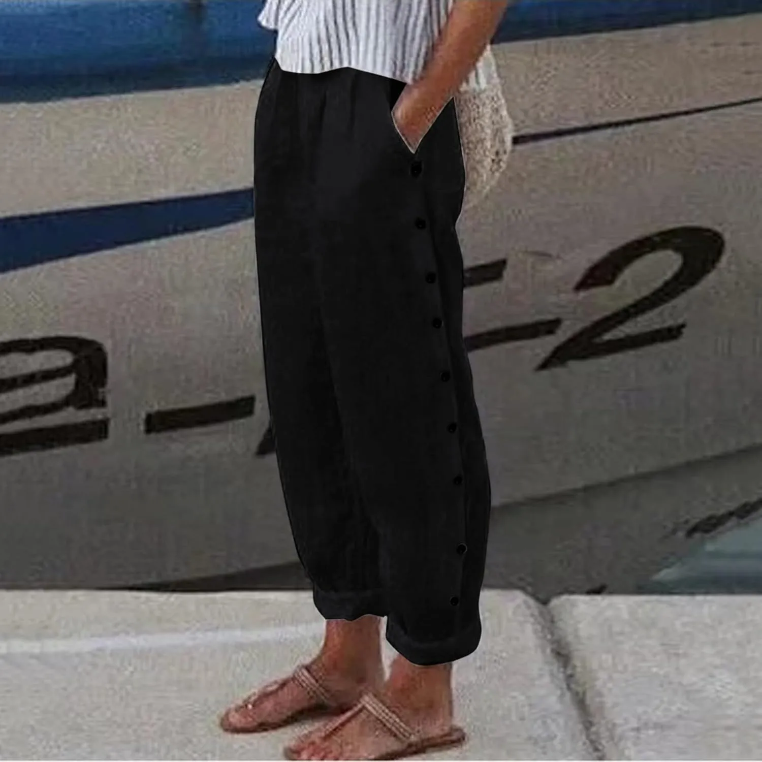 High Waisted Work Pants for Women Winter Comfy Hiking Capris with Pockets Solid Color Elastic Waist