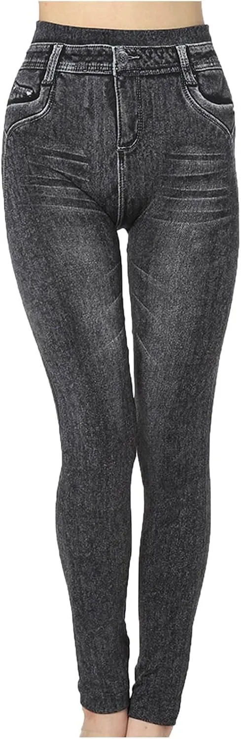 hlysgo Skinny Faux Jeans for Women High Waist Stretchy Slimming Jeggings Denim Print Leggings Trousers Pants