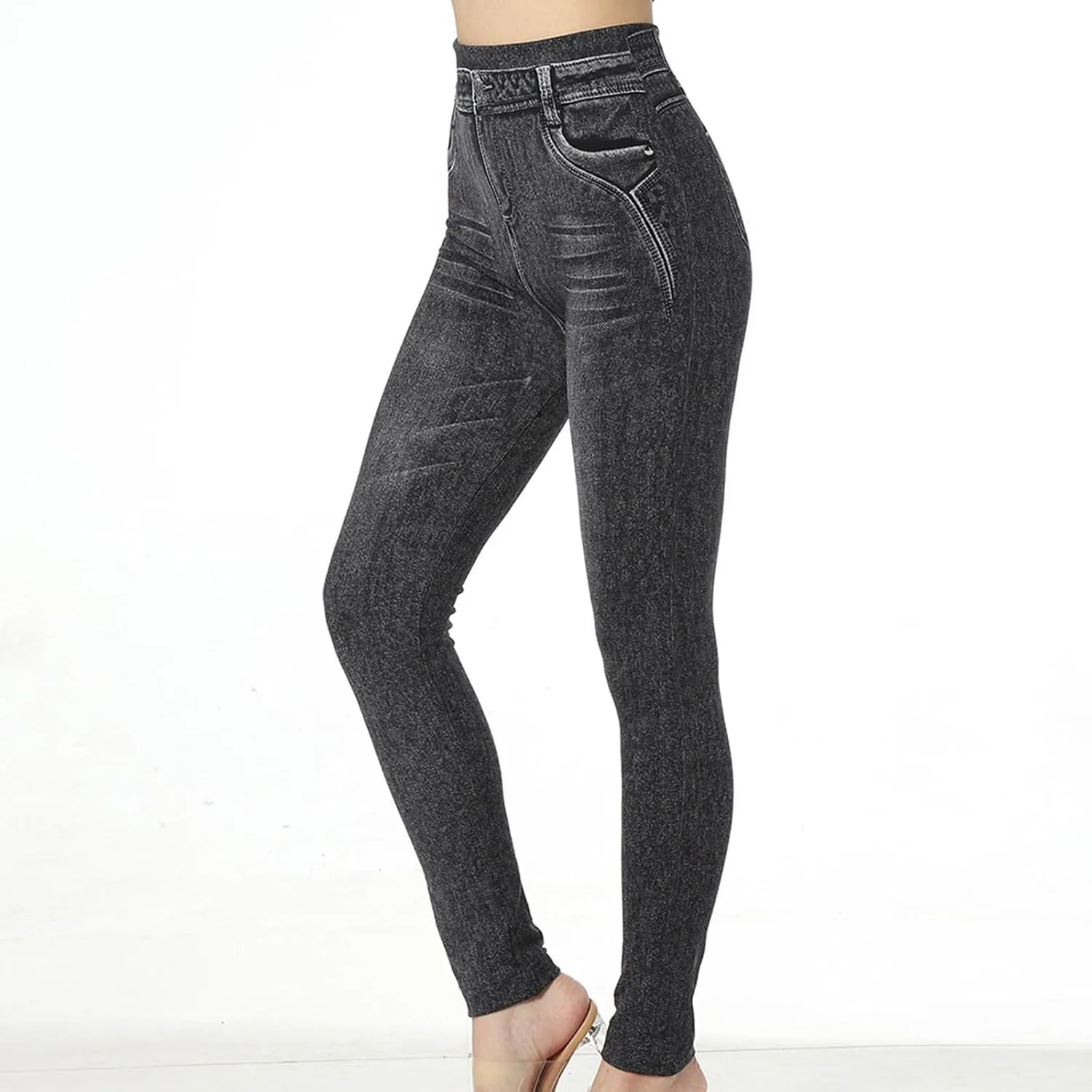 hlysgo Skinny Faux Jeans for Women High Waist Stretchy Slimming Jeggings Denim Print Leggings Trousers Pants