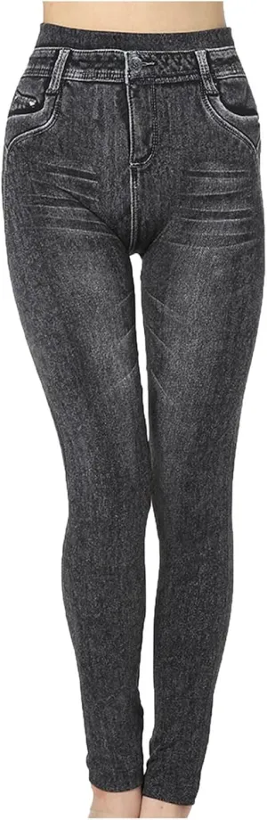 hlysgo Skinny Faux Jeans for Women High Waist Stretchy Slimming Jeggings Denim Print Leggings Trousers Pants