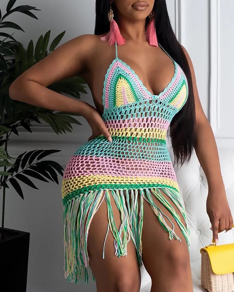 Hollow Out Colorblock Tassel Design Cover Up Dress