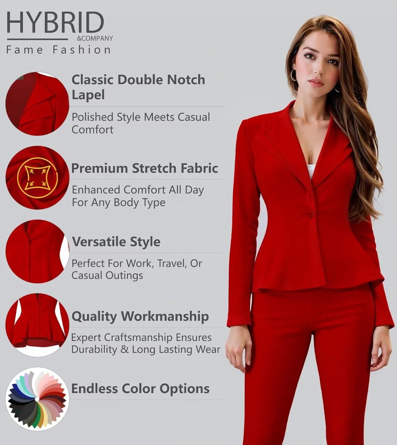 Hybrid & Company Women's Casual Work Office Dressy Double Lapel Single Button Peplum Comfortable Blazer