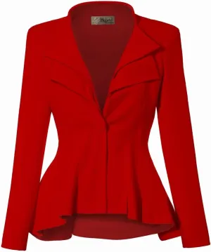 Hybrid & Company Women's Casual Work Office Dressy Double Lapel Single Button Peplum Comfortable Blazer