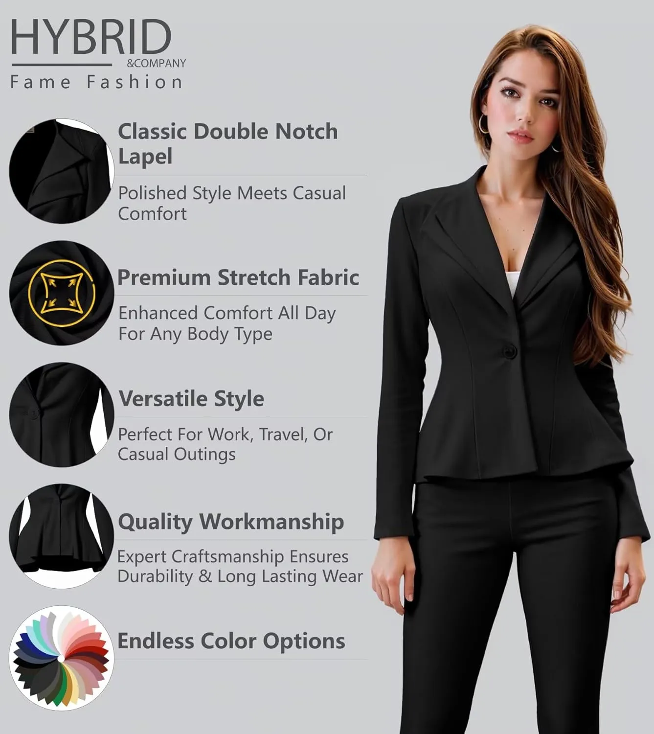 Hybrid & Company Women's Casual Work Office Dressy Double Lapel Single Button Peplum Comfortable Blazer