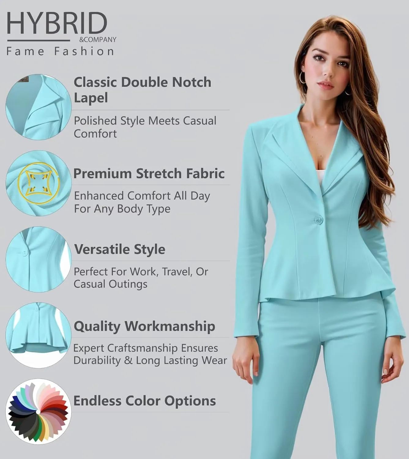 Hybrid & Company Women's Casual Work Office Dressy Double Lapel Single Button Peplum Comfortable Blazer