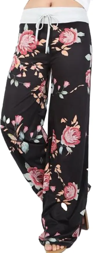 iChunhua Women's Comfy Stretch Floral Print Drawstring Palazzo Wide Leg Lounge Pant