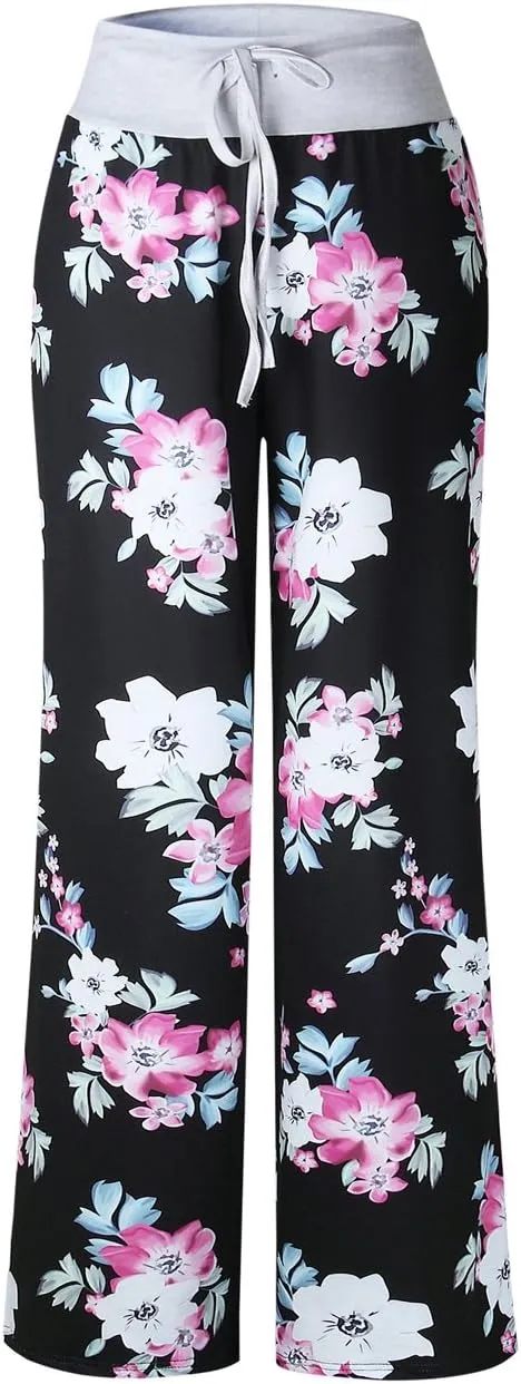 iChunhua Women's Comfy Stretch Floral Print Drawstring Palazzo Wide Leg Lounge Pant