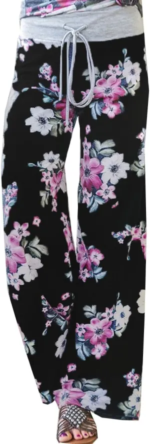 iChunhua Women's Comfy Stretch Floral Print Drawstring Palazzo Wide Leg Lounge Pant