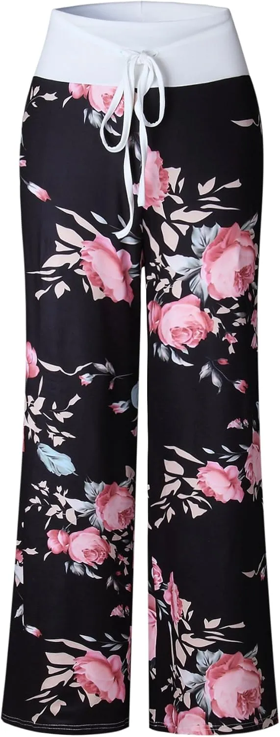 iChunhua Women's Comfy Stretch Floral Print Drawstring Palazzo Wide Leg Lounge Pant