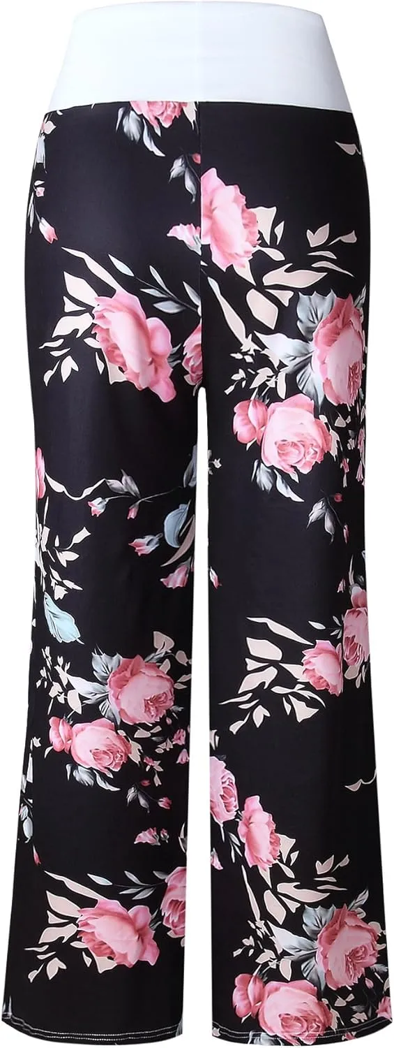 iChunhua Women's Comfy Stretch Floral Print Drawstring Palazzo Wide Leg Lounge Pant