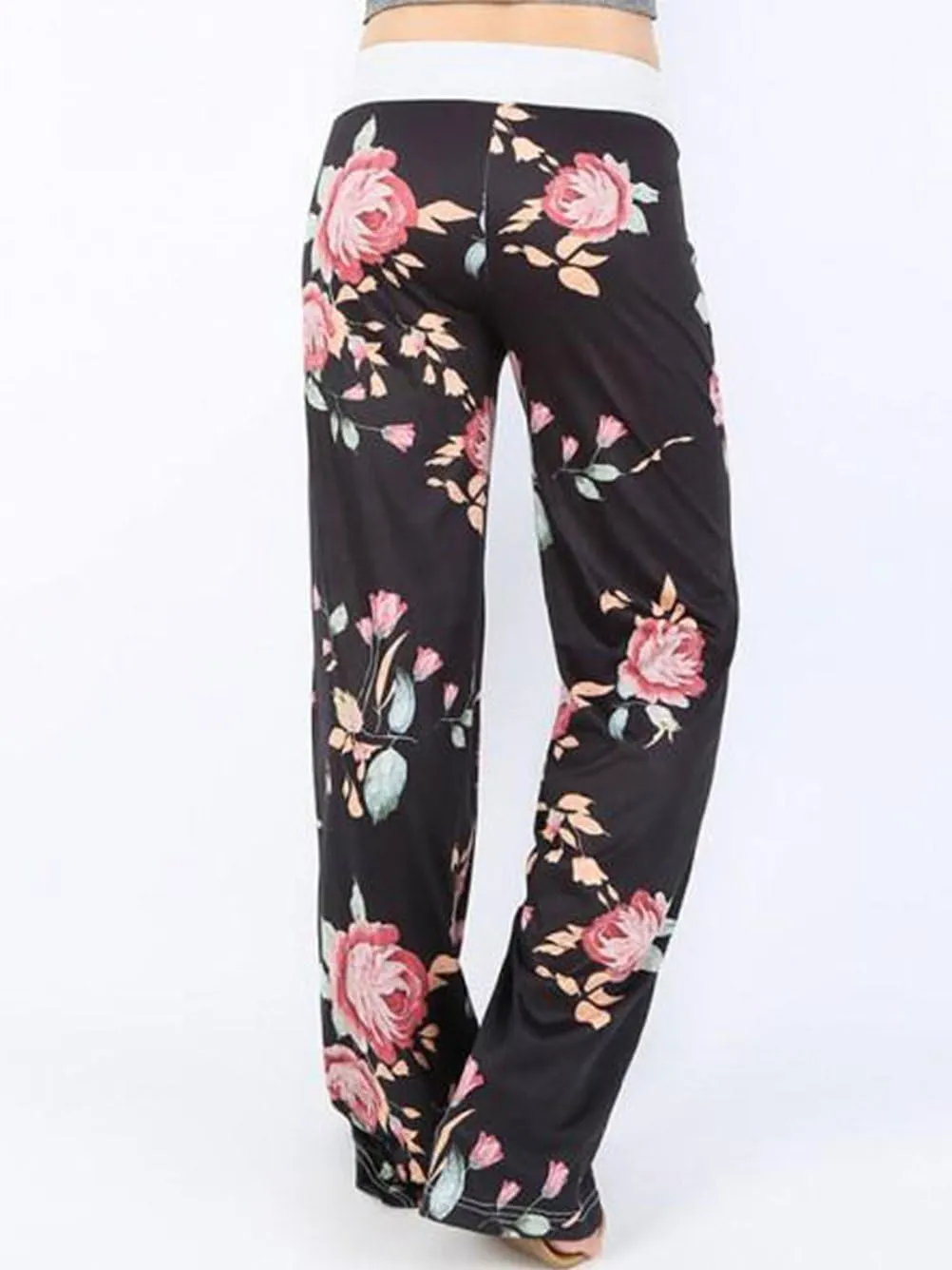 iChunhua Women's Comfy Stretch Floral Print Drawstring Palazzo Wide Leg Lounge Pant