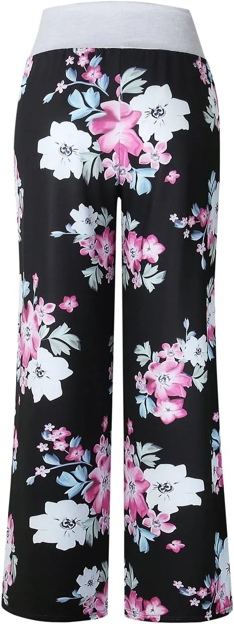 iChunhua Women's Comfy Stretch Floral Print Drawstring Palazzo Wide Leg Lounge Pant