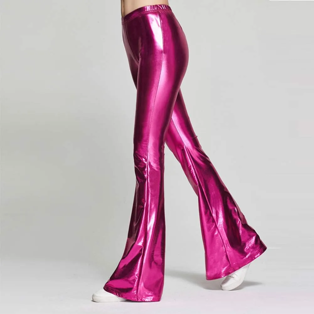 IWEMEK Women Shiny Metallic Bell Bottom Bootcut Palazzo Leggings 70s Disco Wide Leg Pants High Waist Dance Yoga Trousers